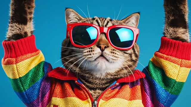 Cat wearing rainbow jacket and sunglasses emphasizing modern aesthetics and minimalist design
