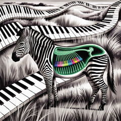 Naklejka premium Surreal zebra with glowing skeleton and rainbow piano keys in monochrome grassland, musical anatomy fantasy illustration