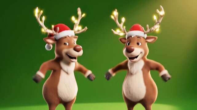 Two animated reindeer with Christmas hats ideal for sleek commercial backgrounds and title sequences