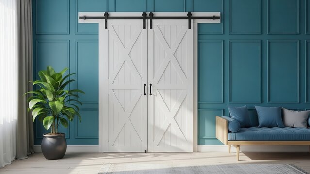 Modern barn doors in teal room