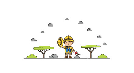 A cartoon boy explorer wearing a safari outfit and holding a hat stands in a minimalist landscape with trees, rocks, and a small bird. © Syifa