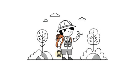 A young explorer wearing a pith helmet and carrying a lantern stands in a forest with a small bird perched on his finger. © Syifa