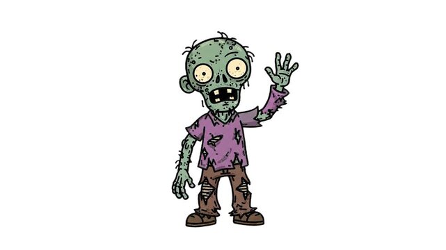 A stylized green-skinned zombie with a missing eye and tattered clothes waving hello. This humorous undead character is perfect for Halloween social media, quirky game assets, or comedic horror projec