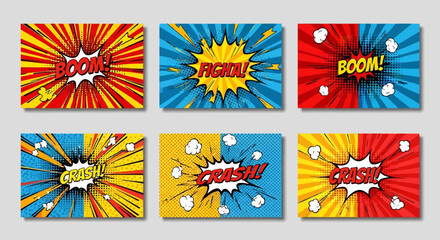 Set of comic book style explosion backgrounds with speech bubbles and sound effects like boom, crash and figha © Best Design_Academy