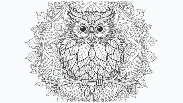 Intricate Owl Mandala Coloring Page with Leaf Patterns and Floral Background