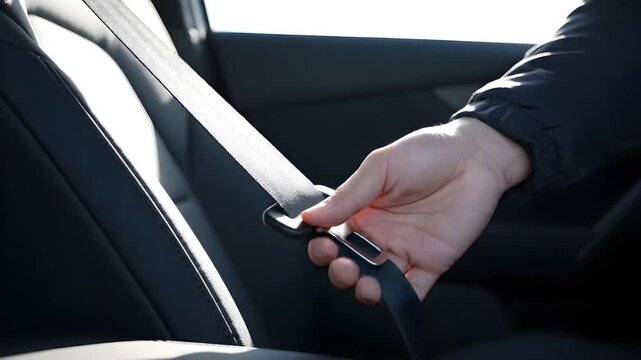 Close up of a male hand unfastening and fastening a seat belt inside a car