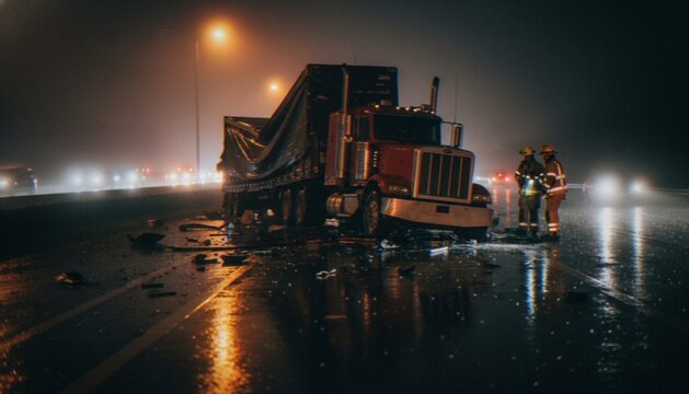 A nighttime scene of a truck accident on a wet highway with emergency responders standing nearby in foggy weather.