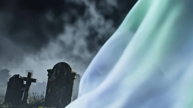 Ghost in a foggy graveyard ideal for travel vlogs and eco-friendly campaigns