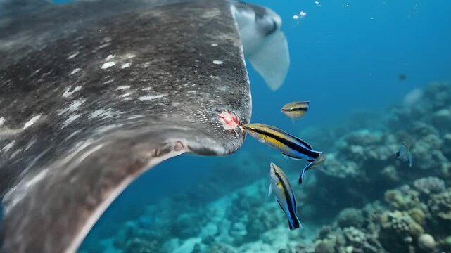 Bluestreak cleaner wrasse fish cleaning a wound on the wing of a manta ray swimming over a coral reef