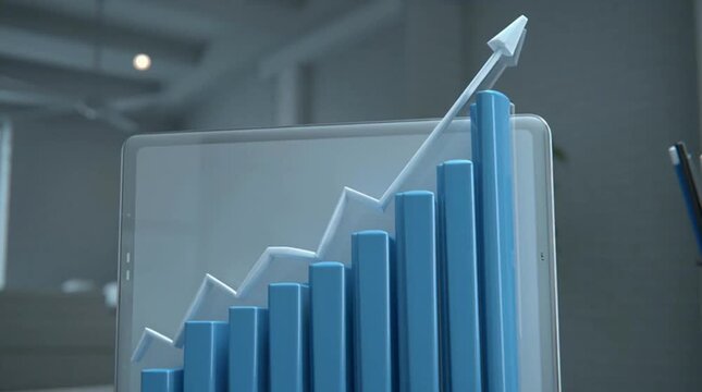 Digital tablet displaying a dynamic growth chart with rising bar graph and arrow symbolizing business success financial progress and investment returns