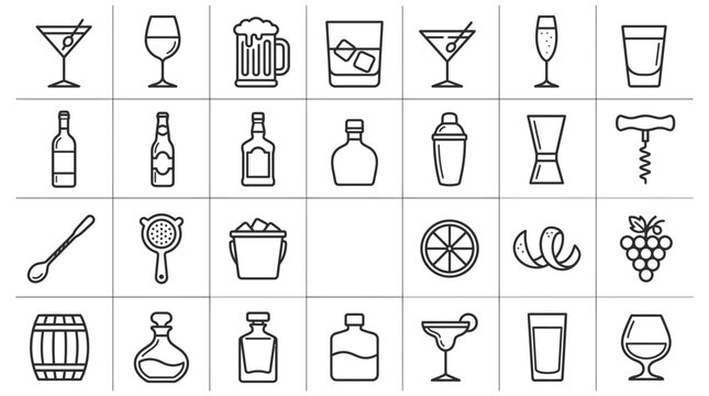 Vector Icons Set of hand drawn alcohol drink and bar equipment icons.