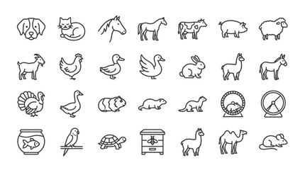 Fototapeta premium Vector Icons Set of Hand Drawn Farm and Pet Animal Outline Icons.