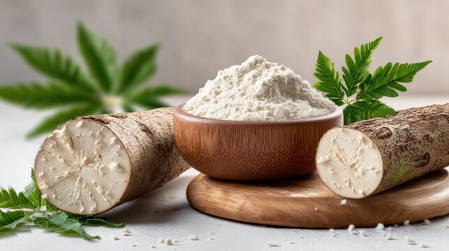 Tapioca flour in wooden bowl with fresh cassava roots and green leaves. Natural ingredient concept, gluten free starch