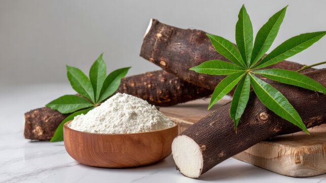Cassava roots and tapioca flour in wooden bowl with fresh green leaves. Organic ingredient, gluten free starch, cooking and baking ingredient