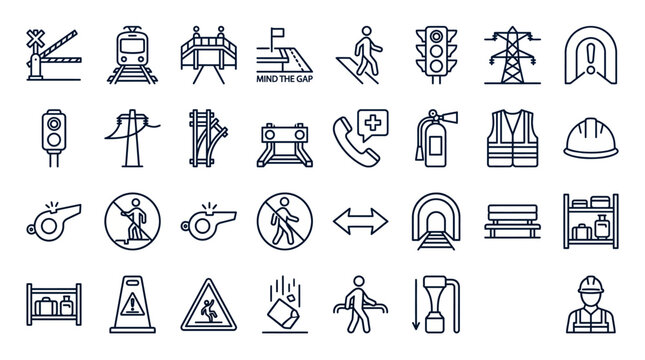 Vector Icons Set of Industrial Safety and Railway Transportation Line Icons.