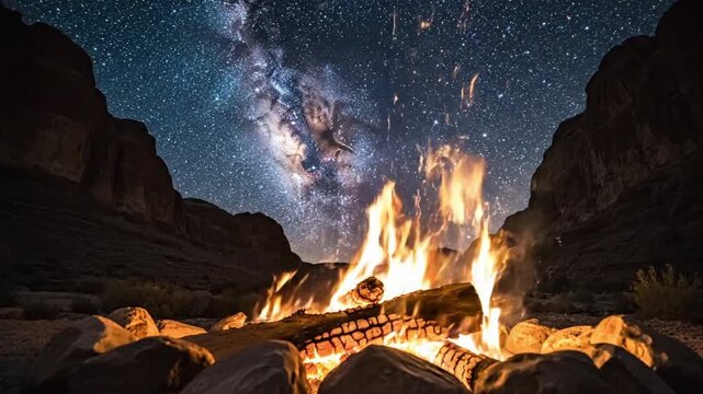 Relax at night in the canyon with a campfire under the stars and the Milky Way shining above