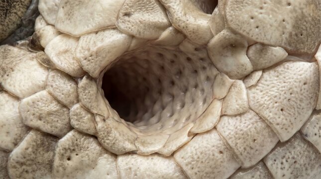 Heat-sensing pit with internal membrane detail and surrounding scales in extreme macro. Isolated on White background