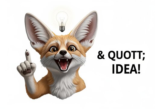 Energetic 3d render of a fennec fox with lightbulb and excited expression on white background