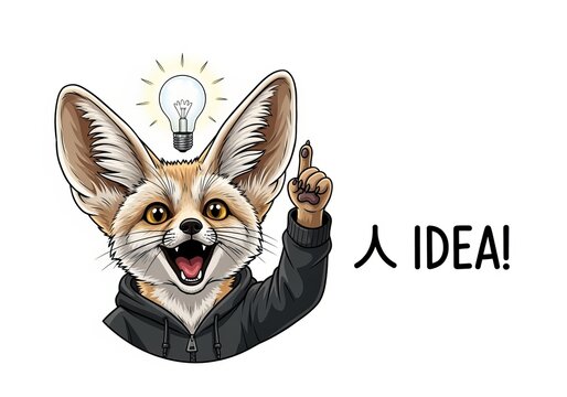 Excited fennec fox illustration with a glowing lightbulb and idea text on a clean white background