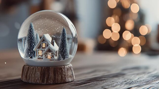 Cozy winter cabin snow globe featuring a charming cottage nestled among snowy pine trees evoking feelings of warmth nostalgia and holiday magic perfect for Christmas cards and festive designs