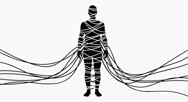 Person Trapped by Wires Representing Digital Dependency and Technology Addiction White Background