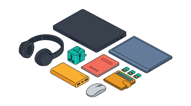Isometric vector illustration of coworking space essentials, including tech gadgets and accessories for modern work