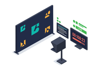 Fototapeta premium Isometric vector illustration of a modern coworking space with digital screens and branding displays