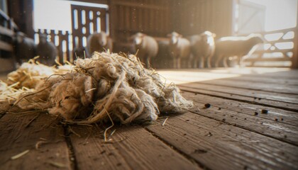 A pile of raw, freshly shorn sheep wool lies on a rustic wooden barn floor with a flock of sheep blurred in the background, captured in soft golden sunlight. © Varos