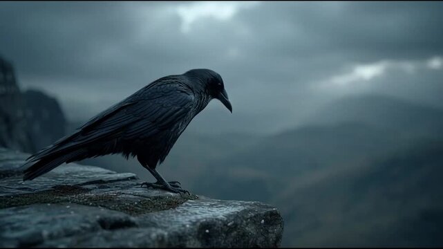 Solitary Crow Perched on a Rocky Ledge