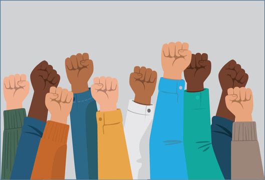 Une vague de poings lev&eacute;s surgit dans un m&ecirc;me &eacute;lan, incarnant la force collective et la diversit&eacute; des voix en lutte