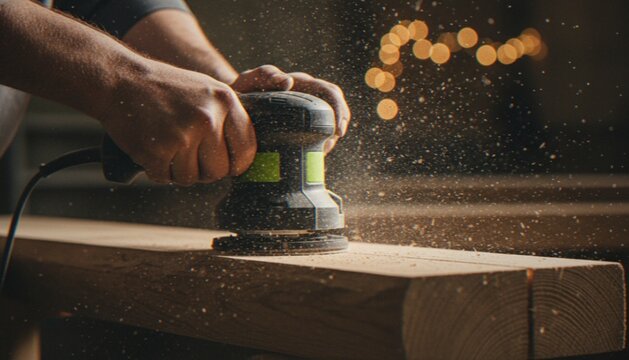 A close-up shot of a carpenter using a power sander to smooth a piece of wood in a workshop, with sawdust particles flying in the air.
