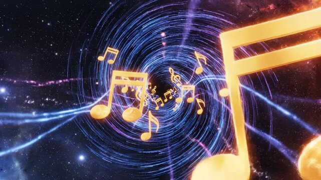 Musical notes in space symbolizing conceptual art and dynamic energy