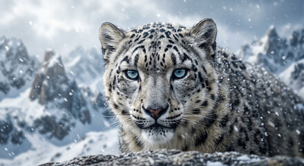 Fototapeta premium Majestic Snow Leopard portrait in snowy mountains with striking blue eyes and hyper-realistic detail