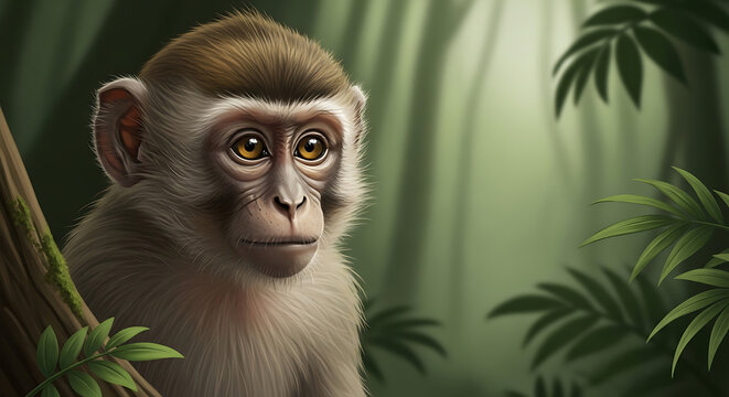 A curious monkey in a lush jungle environment.