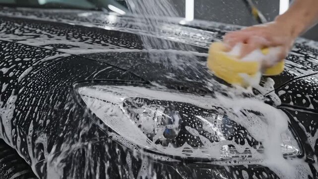 Person washing car with sponge for compelling visual storytelling and engaging ads