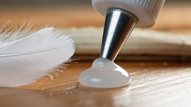 Metal nozzle applying drop of white glue to wooden