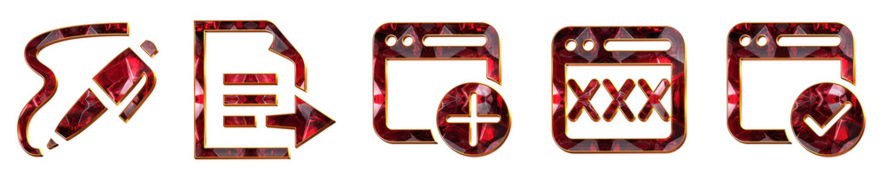 Modern 3D chrome icon collection - sign up, submit document, add webpage, adult content, and approved webpage. Document editing icon collection and design. Premium rendered design.