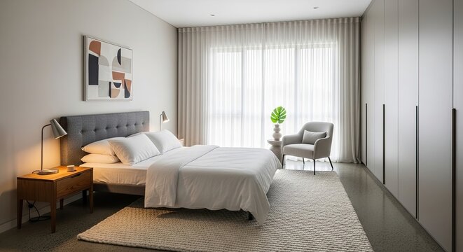 Minimalist bedroom with grey bed and armchair.
