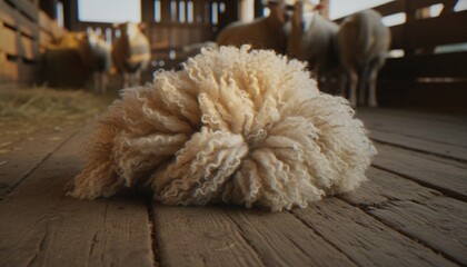 A close-up shot of a tuft of raw wool placed on a wooden floor in a barn with blurred sheep in the background. © Varos