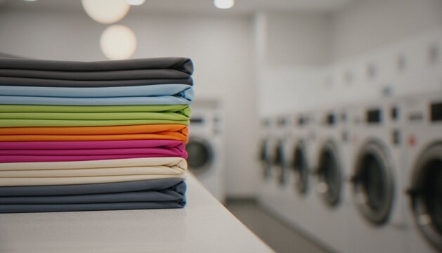 A neatly folded stack of colorful fabric linens sitting on a white table in a blurred laundromat with rows of washing machines.