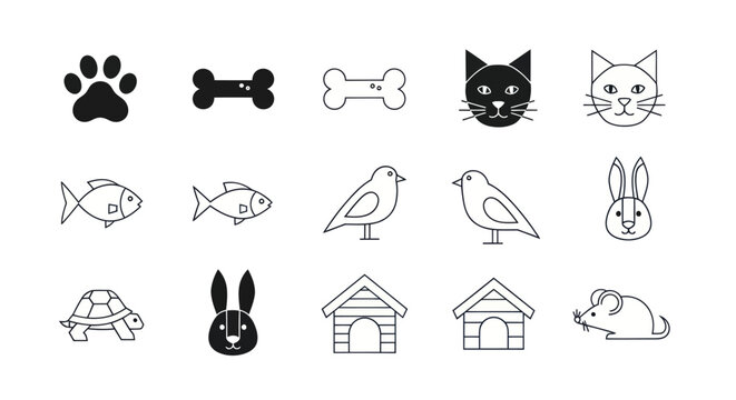 Animal icon set paw bone fish bird rabbit