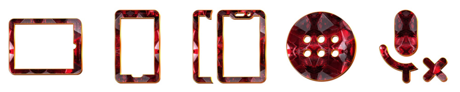 3D icon bundle plastic style - tablet, touchscreen smartphone, two smartphones, android app drawer, and block microphone. Mobile device icon collection and design. High quality.