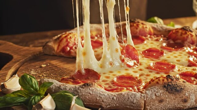 Pepperoni pizza with fresh basil and garlic for appetizing food commercials and menu design