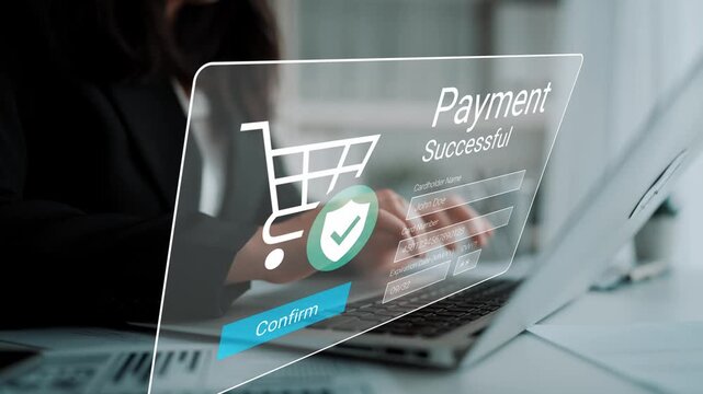 Successful Payment Confirmation on Laptop with Shopping Cart Icon and Checkout Button in Modern Desktop Environment Gluon.