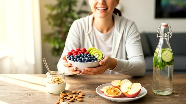 Woman with Fresh Fruits and Water in Cozy Kitchen