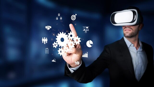 Man in Business Suit Using Virtual Reality Headset While Interacting with Digital Icons and Graphics in a Modern Office Environment. Raster.