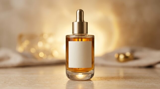 Luxury amber serum bottle with gold dropper and blank label