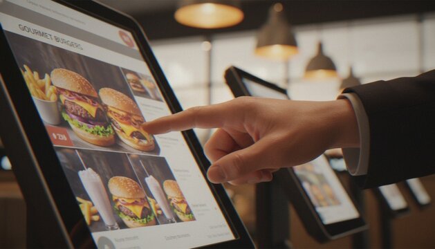 A close-up of a person in a suit interacting with a digital self-service ordering kiosk in a fast-food restaurant to select a gourmet burger.
