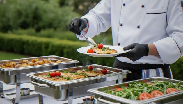 A professional chef in a white uniform and black gloves serves freshly cooked fish garnished with cherry tomatoes from a buffet catering setup outdoors.