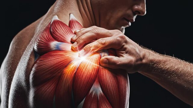 Human muscle anatomy with hand on shoulder highlighting geometric patterns and contemporary art